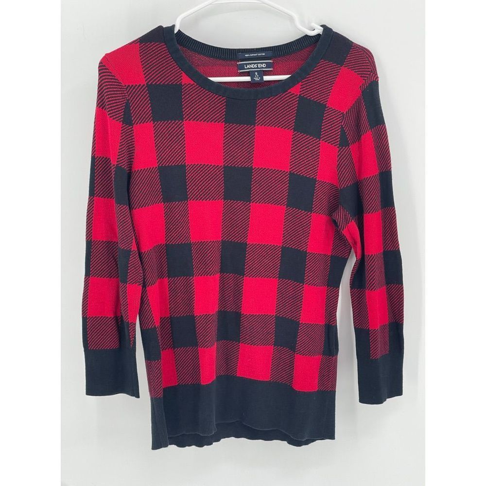 Lands End Buffalo Plaid Sweater Women Size Small Red Black Check Long Sleeve